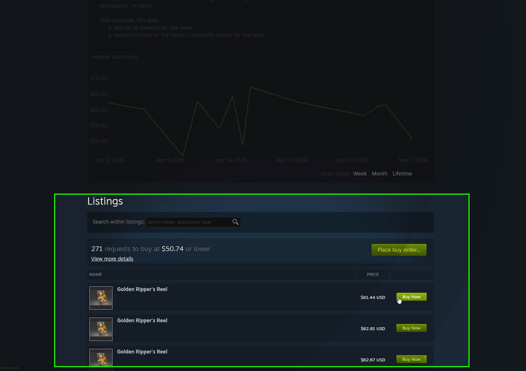 Steam market listings panel highlighted